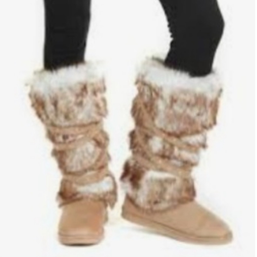 Fur Boots Knee High Strappy Fleece Lined Chunky Eskimo Winter Snow Boots Size 8